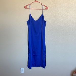 Blue Satin Fitted Midi Dress